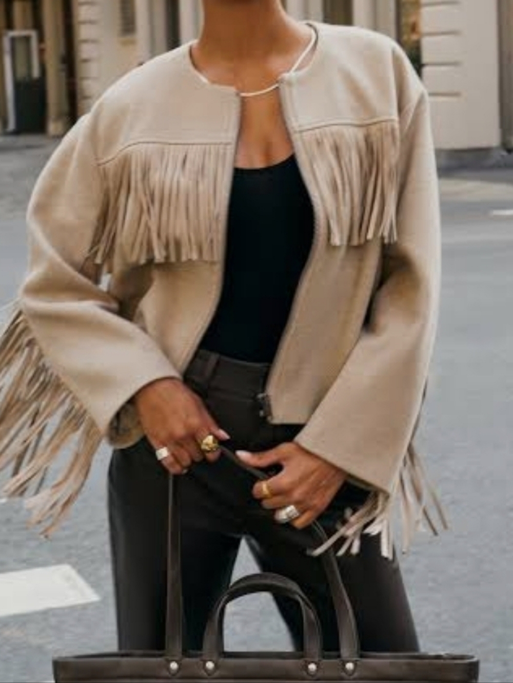 RM Rebecca Minkoff Taupe Fringe Zip-Front Jacket - Picture 10 of 13
